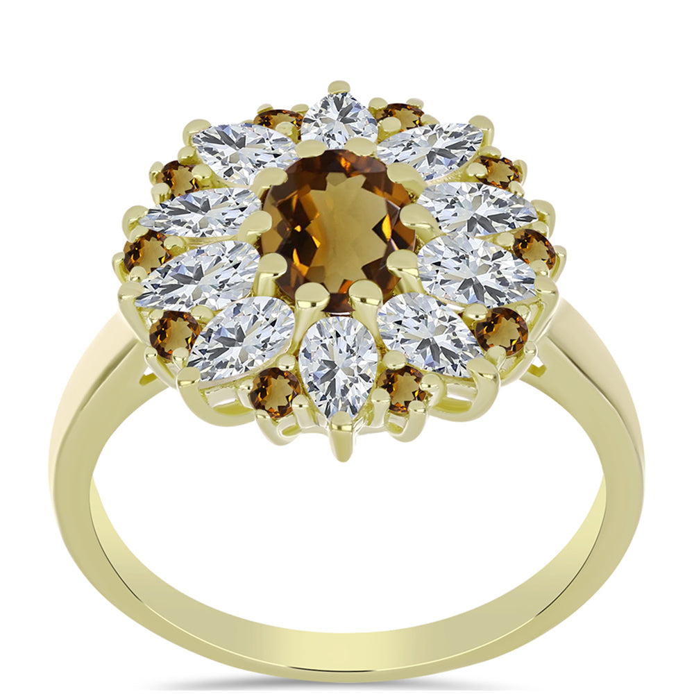 Inel din Argint 925 Placat cu Aur ( 4.06 grame ) cu Cuarț Coniac și Topaz Alb 3.87 Carate