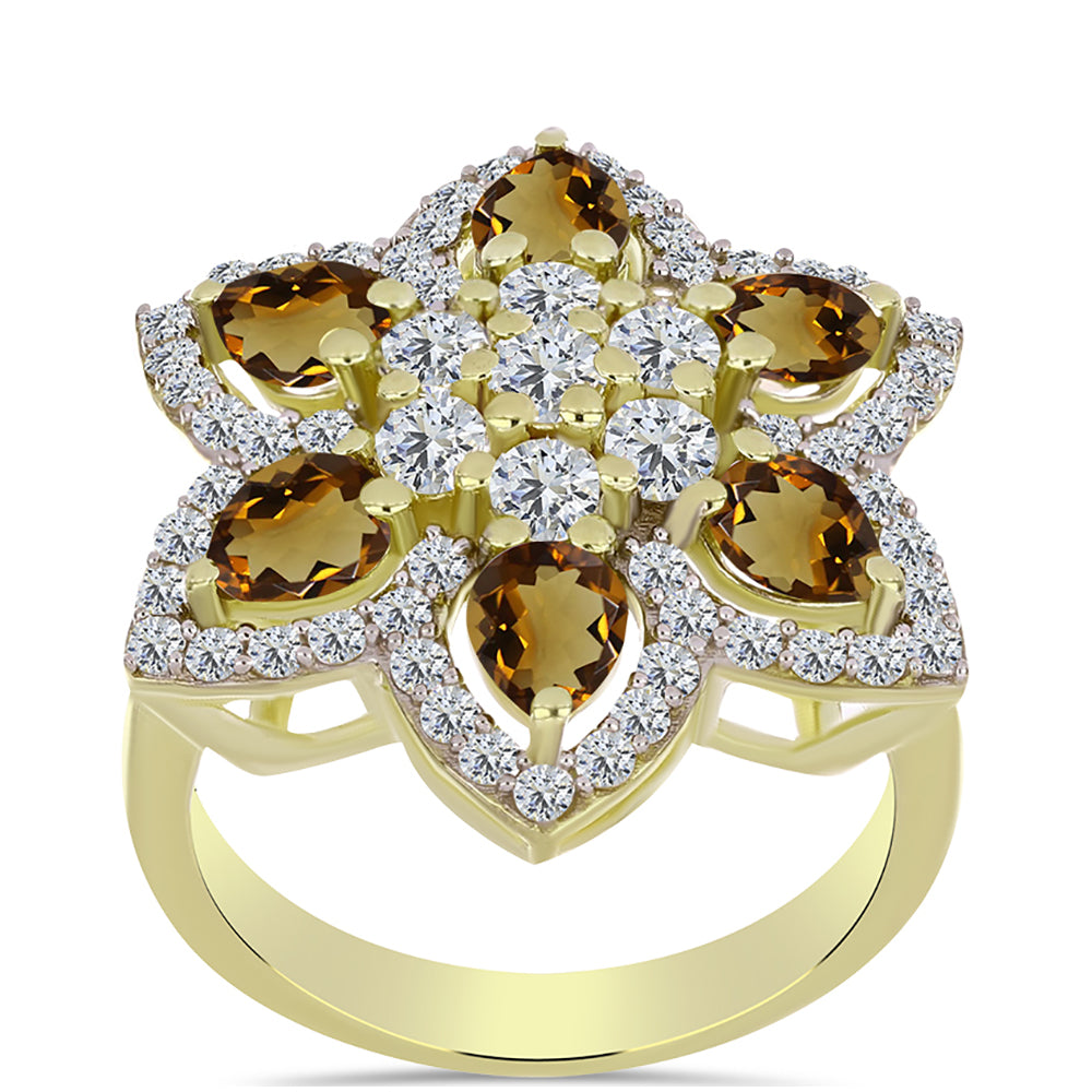 Inel din Argint 925 Placat cu Aur ( 5.34 grame ) cu Cuarț Coniac și Topaz Alb 3.7 Carate