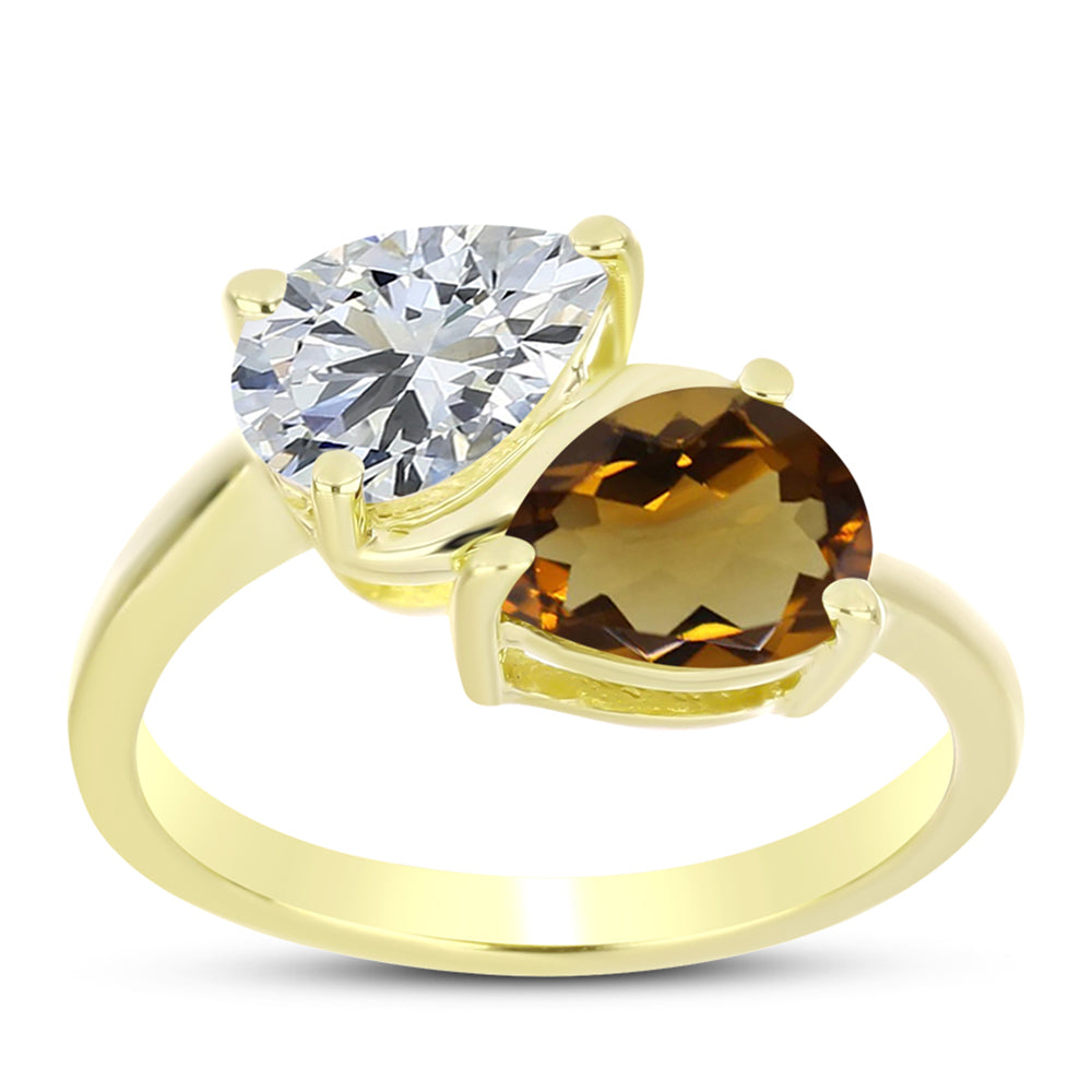 Inel din Argint 925 Placat cu Aur ( 2.45 grame ) cu Cuarț Coniac și Topaz Alb 2.13 Carate 3 