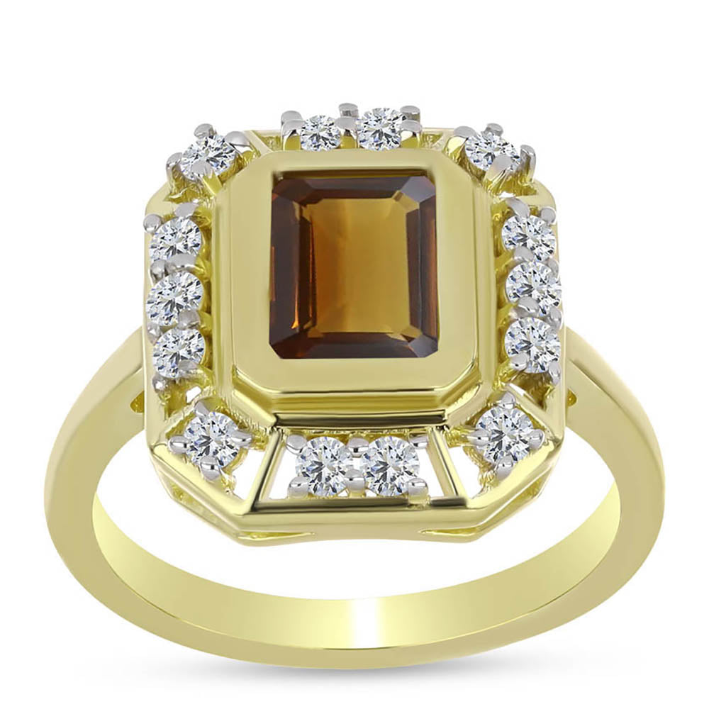 Inel din Argint 925 Placat cu Aur ( 3.78 grame ) cu Cuarț Coniac și Topaz Alb 1.88 Carate