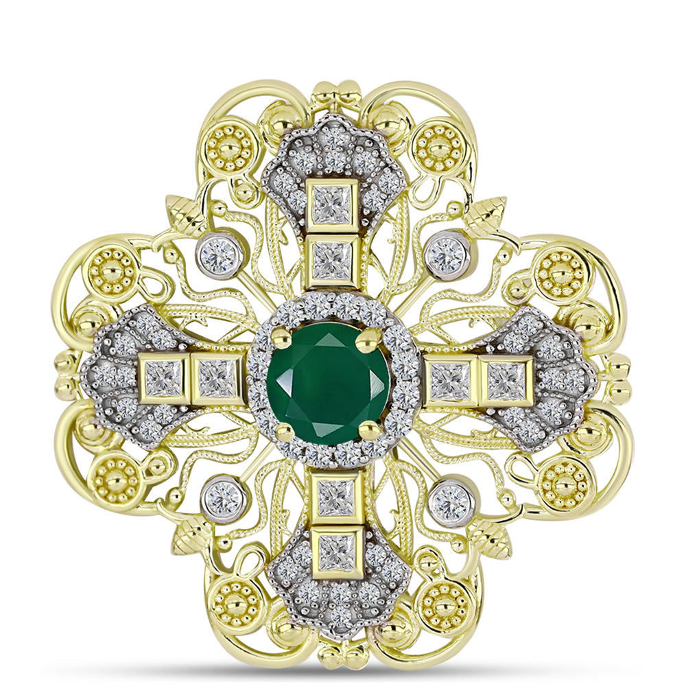 Broşă din Argint 925 Placat cu Aur ( 8.02 grame ) cu Agat Verde și Topaz Alb 2.24 Carate 1 