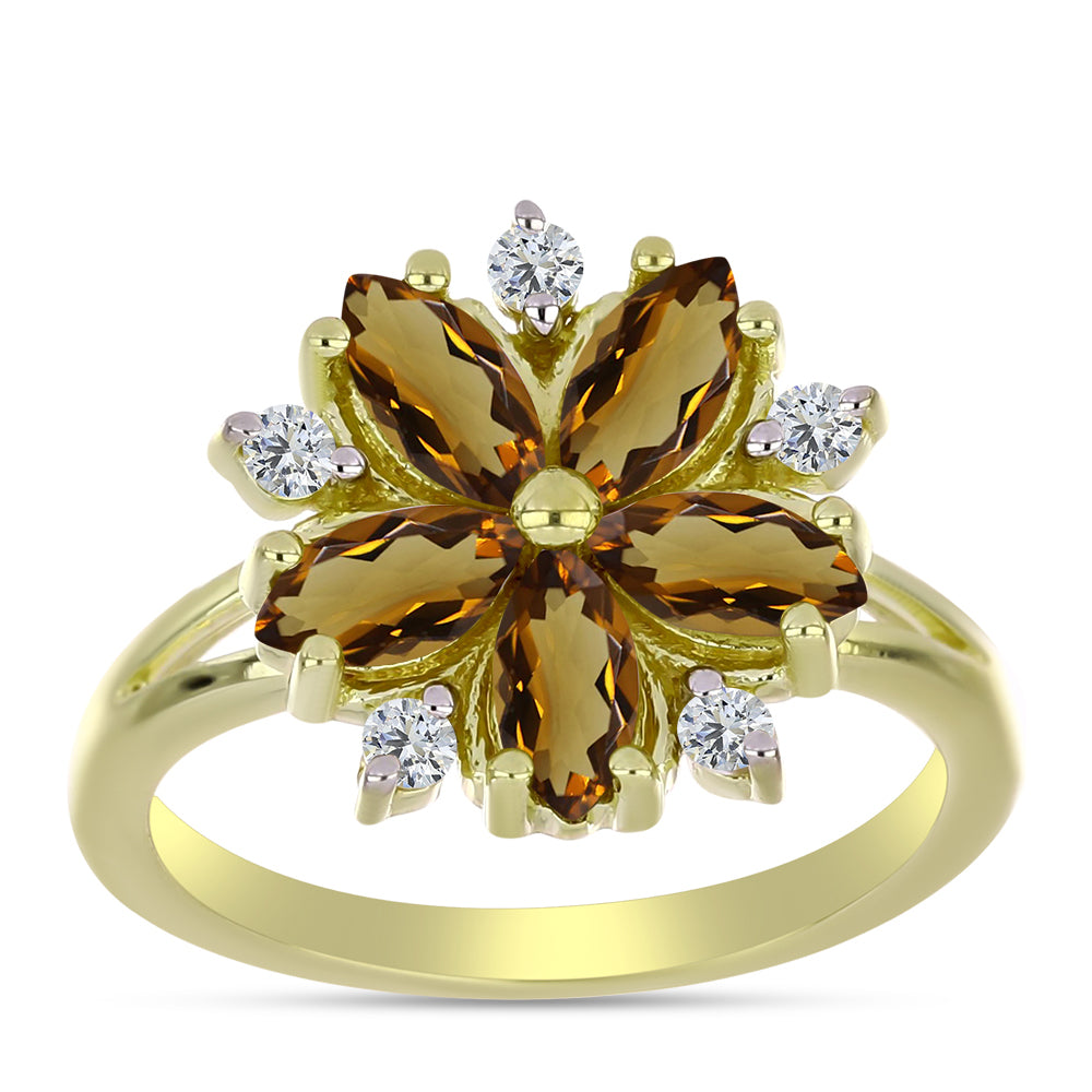 Inel din Argint 925 Placat cu Aur ( 2.82 grame ) cu Cuarț Coniac și Topaz Alb 1.38 Carate