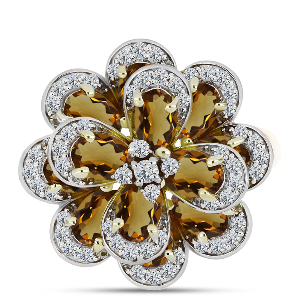 Inel din Argint 925 Placat cu Aur ( 7.64 grame ) cu Cuarț Coniac și Topaz Alb 5.9 Carate 1 