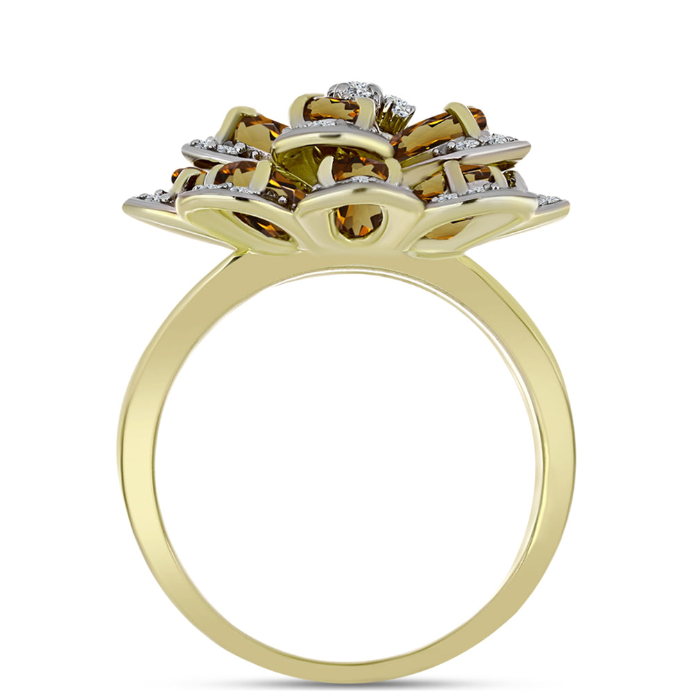 Inel din Argint 925 Placat cu Aur ( 7.64 grame ) cu Cuarț Coniac și Topaz Alb 5.9 Carate