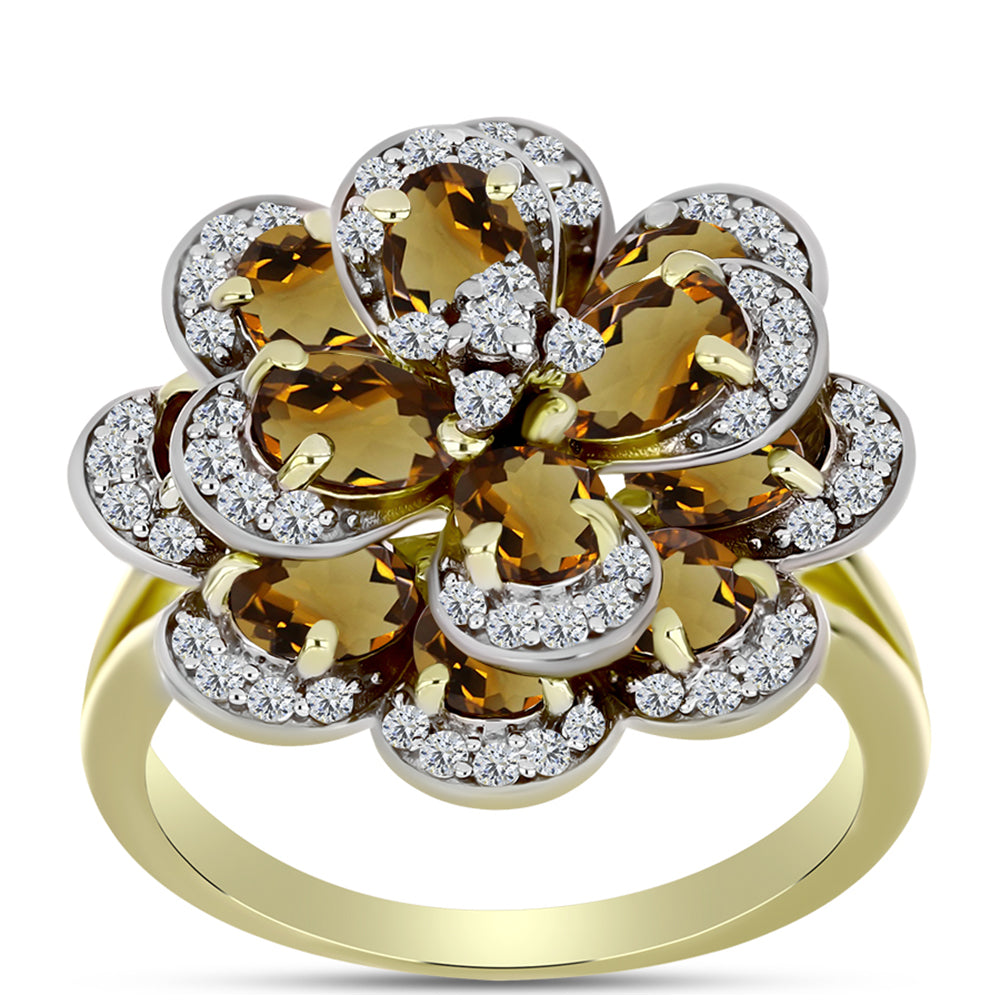 Inel din Argint 925 Placat cu Aur ( 7.64 grame ) cu Cuarț Coniac și Topaz Alb 5.9 Carate 3 