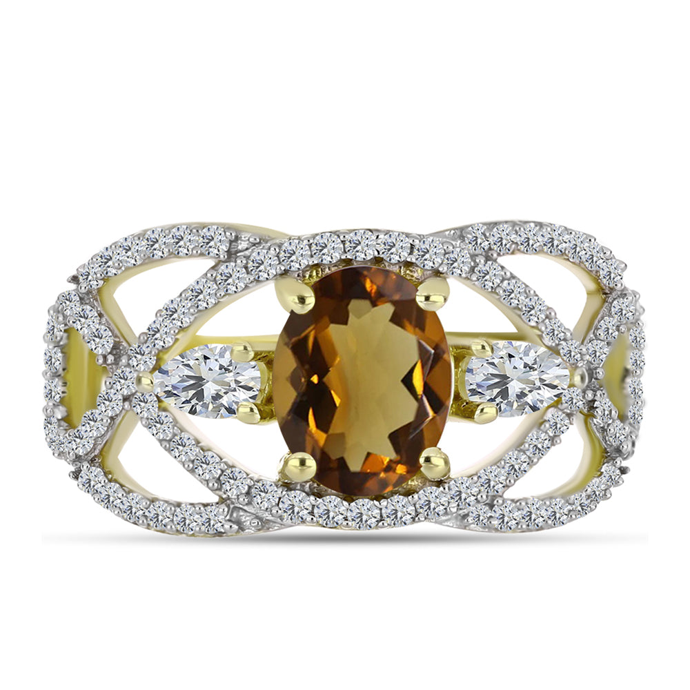 Inel din Argint 925 Placat cu Aur ( 3.74 grame ) cu Cuarț Coniac și Topaz Alb 2.97 Carate 1 