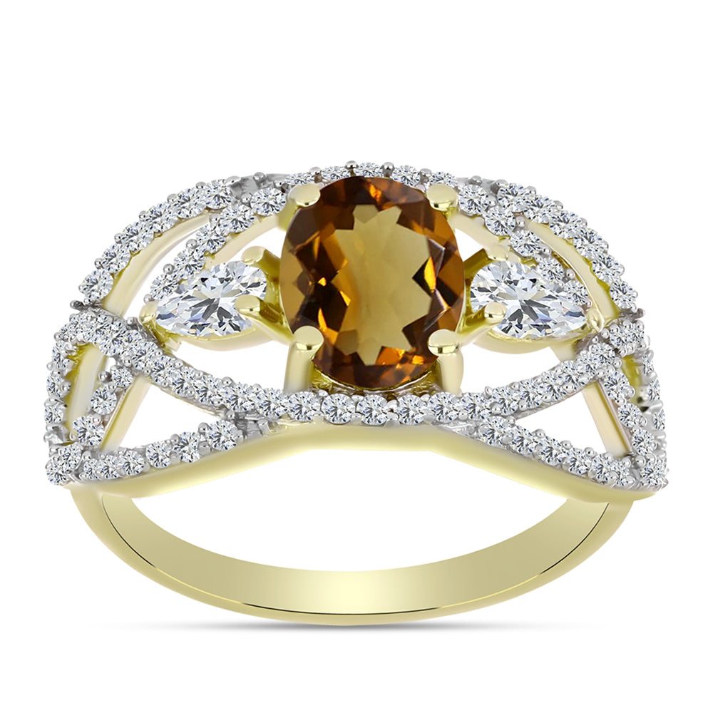 Inel din Argint 925 Placat cu Aur ( 3.74 grame ) cu Cuarț Coniac și Topaz Alb 2.97 Carate 3 