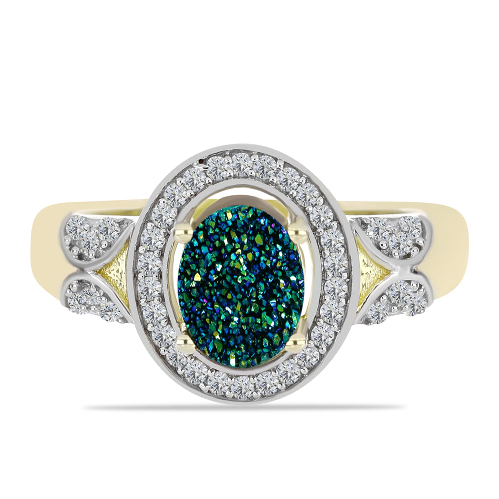 Inel din Argint 925 Placat cu Aur ( 3.56 grame ) cu Drusy Verde și Topaz Alb 1.6 Carate 1 