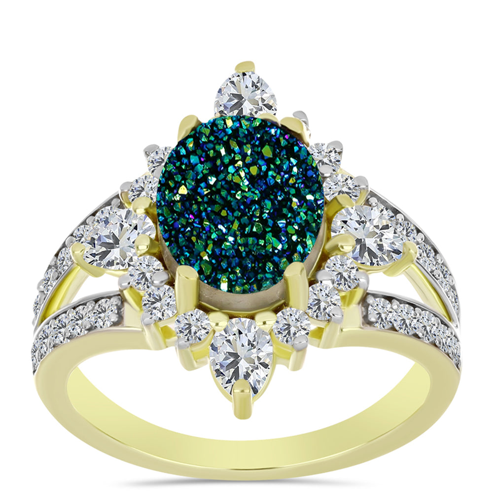 Inel din Argint 925 Placat cu Aur ( 3.67 grame ) cu Drusy Verde și Topaz Alb 4.13 Carate 3 