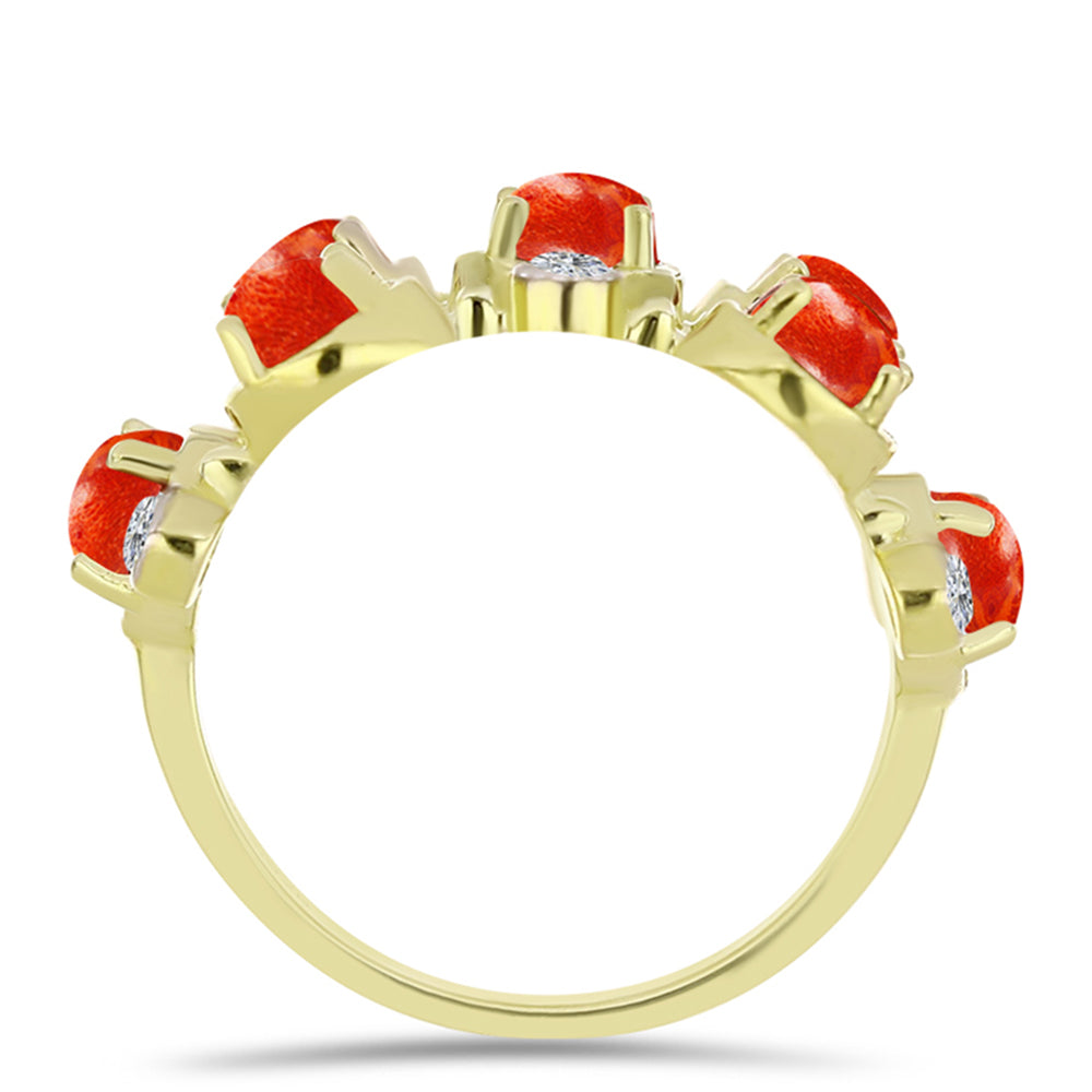 Inel din Argint 925 Placat cu Aur ( 4.43 grame ) cu Coral Roșu Burete și Topaz Alb 2.33 Carate 2 