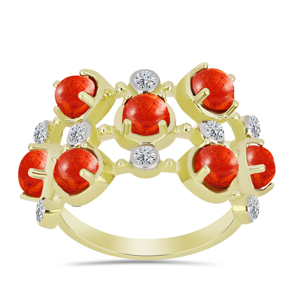 Inel din Argint 925 Placat cu Aur ( 4.43 grame ) cu Coral Roșu Burete și Topaz Alb 2.33 Carate