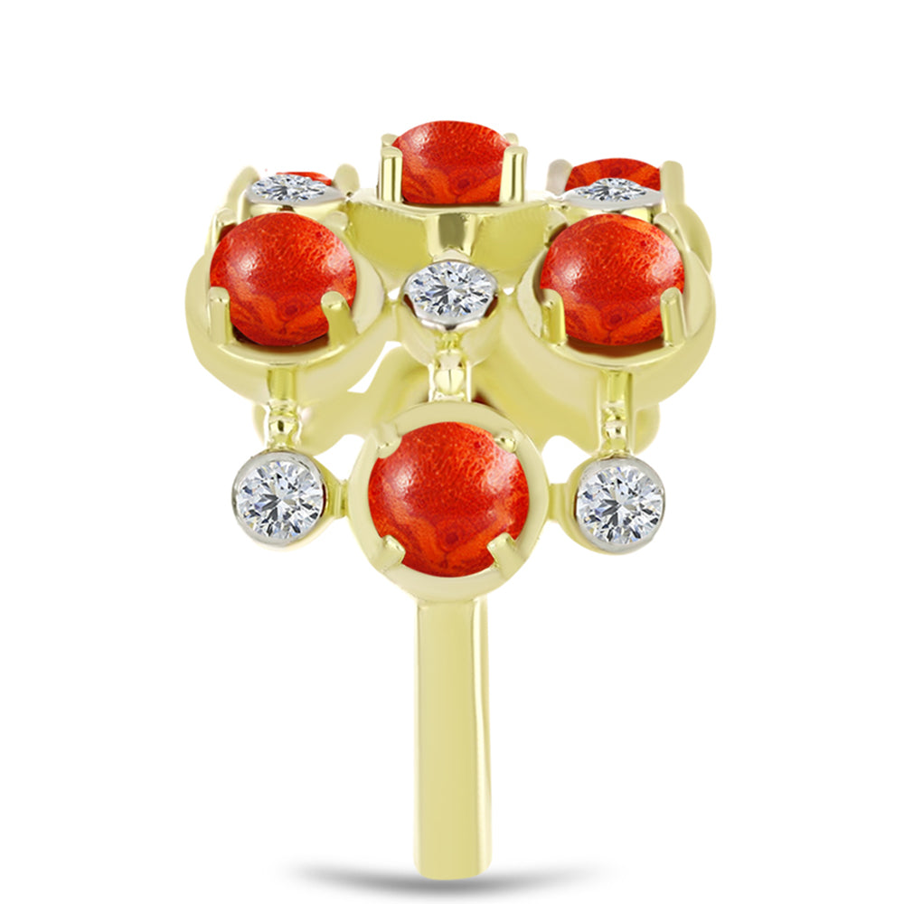 Inel din Argint 925 Placat cu Aur ( 4.43 grame ) cu Coral Roșu Burete și Topaz Alb 2.33 Carate