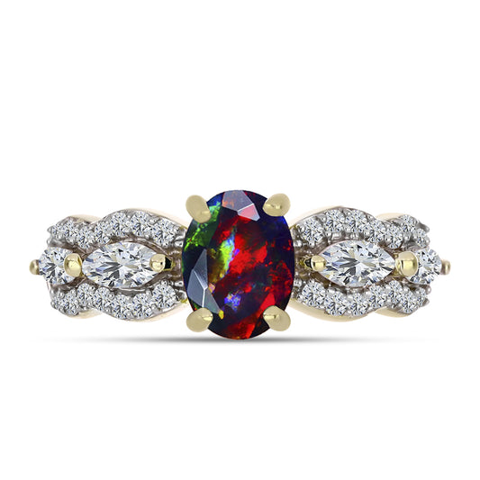 Inel din Argint 925 Placat cu Aur ( 3.1 grame ) cu Opal Etiopian Negru Lega Dembi și Topaz Alb 1.48 Carate