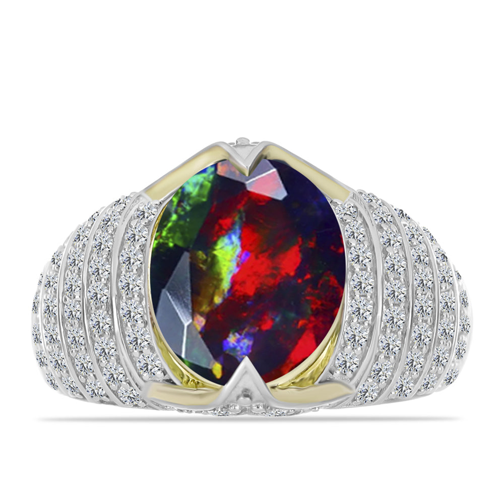 Inel din Argint 925 Placat cu Aur ( 4.39 grame ) cu Opal Etiopian Negru Lega Dembi și Topaz Alb 3.71 Carate 1 