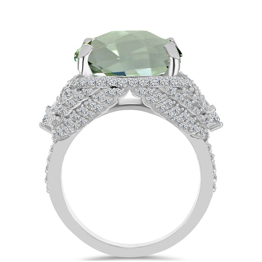 Inel din Argint 925 ( 7.75 grame ) cu Ametist Verde și Topaz Alb 10.58 Carate