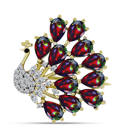 Broşă din Argint 925 Placat cu Aur ( 4.6 grame ) cu Opal Etiopian Negru Lega Dembi și Spinel Negru 3.54 Carate