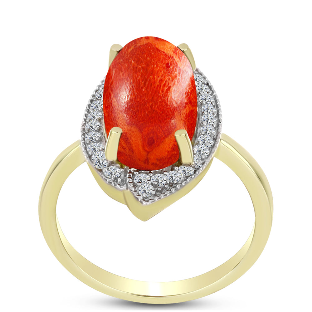 Inel din Argint 925 Placat cu Aur ( 3.11 grame ) cu Coral Roșu Burete și Topaz Alb 4.48 Carate 3 