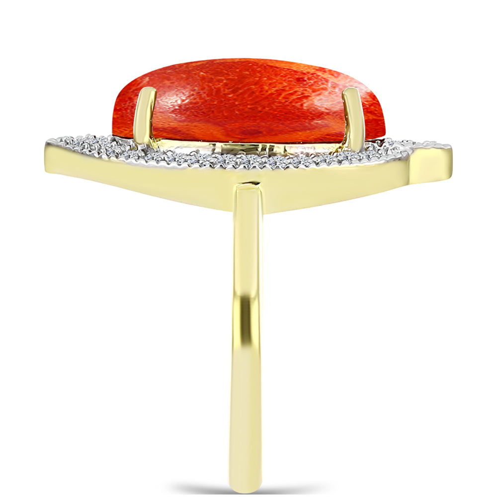Inel din Argint 925 Placat cu Aur ( 3.11 grame ) cu Coral Roșu Burete și Topaz Alb 4.48 Carate 4 
