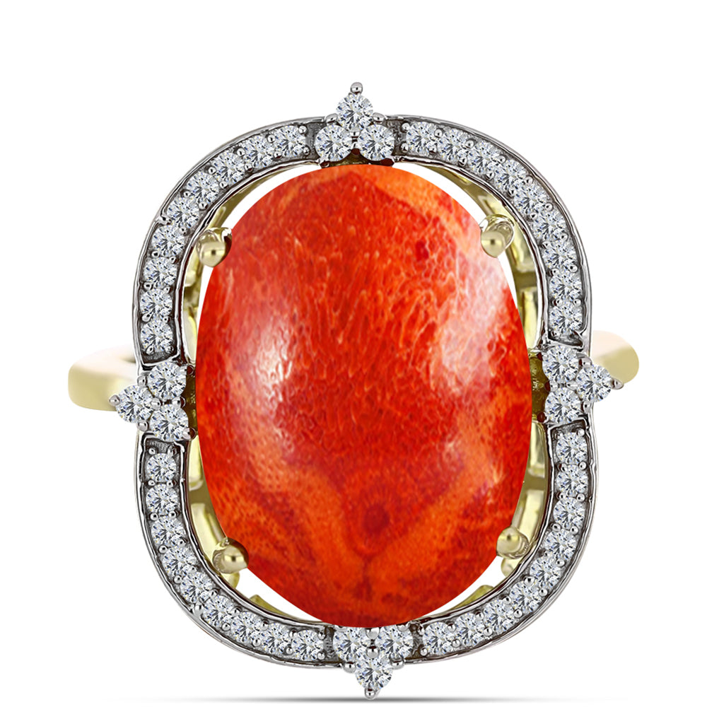 Inel din Argint 925 Placat cu Aur ( 3.66 grame ) cu Coral Roșu Burete și Topaz Alb 10.22 Carate 1 