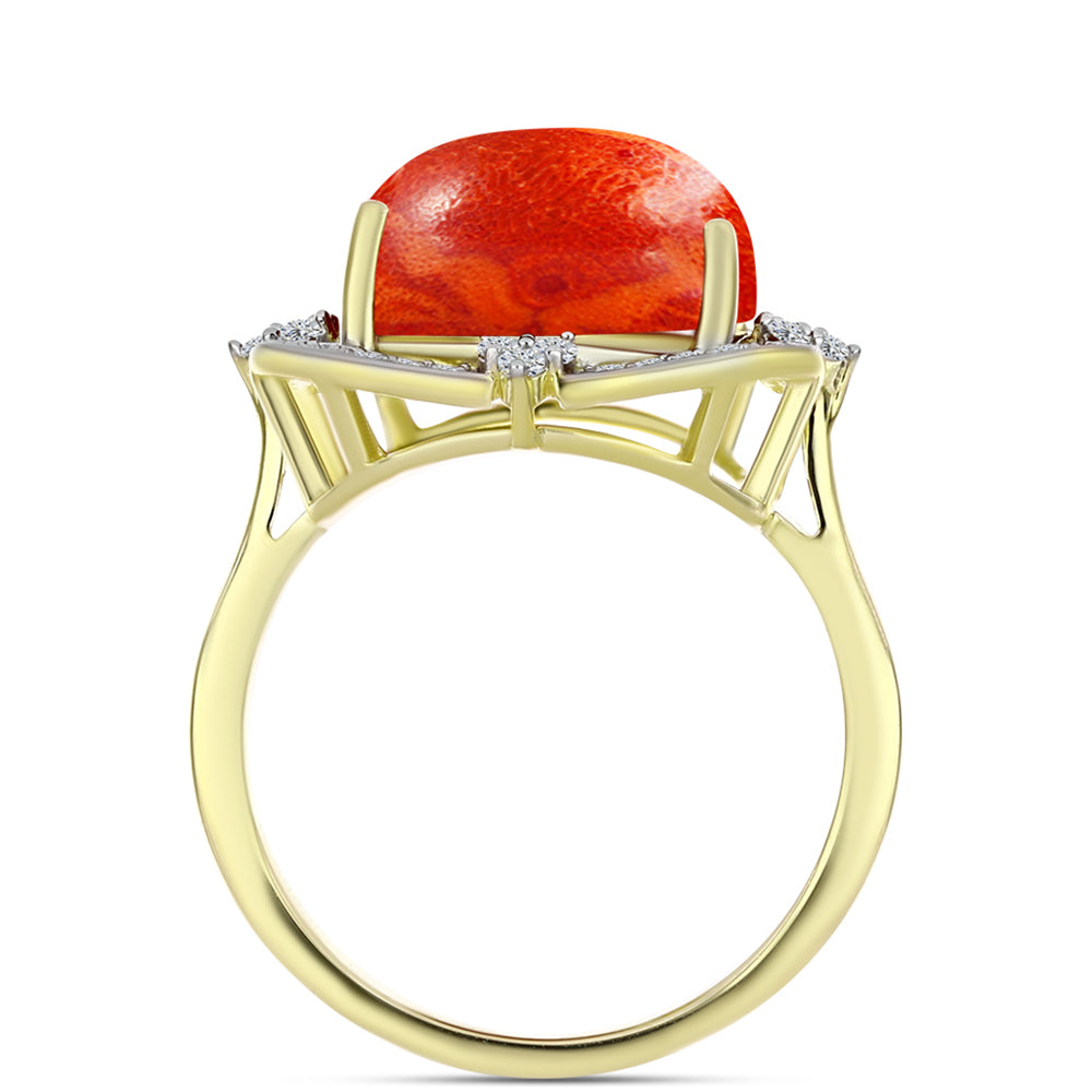 Inel din Argint 925 Placat cu Aur ( 3.66 grame ) cu Coral Roșu Burete și Topaz Alb 10.22 Carate 2 