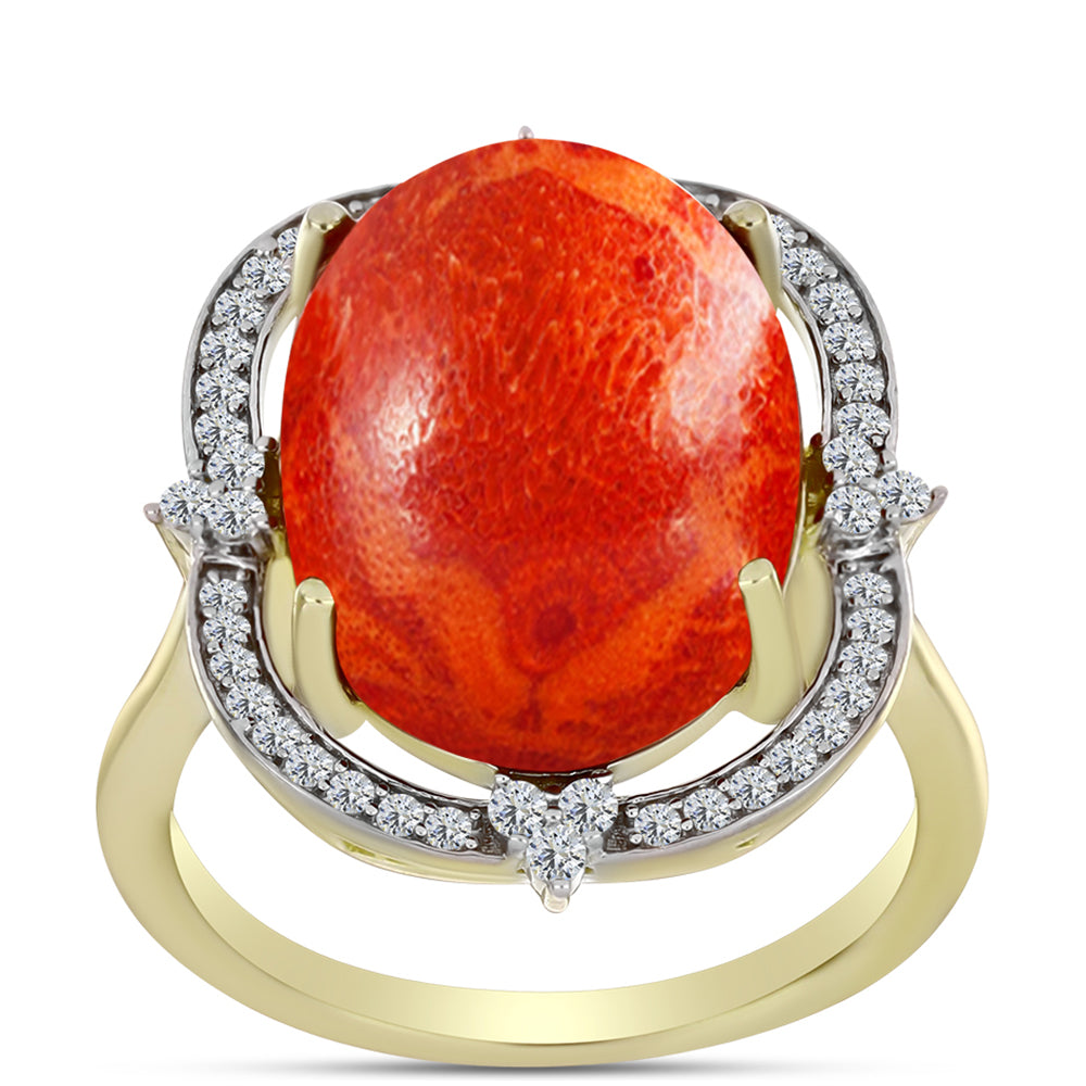 Inel din Argint 925 Placat cu Aur ( 3.66 grame ) cu Coral Roșu Burete și Topaz Alb 10.22 Carate