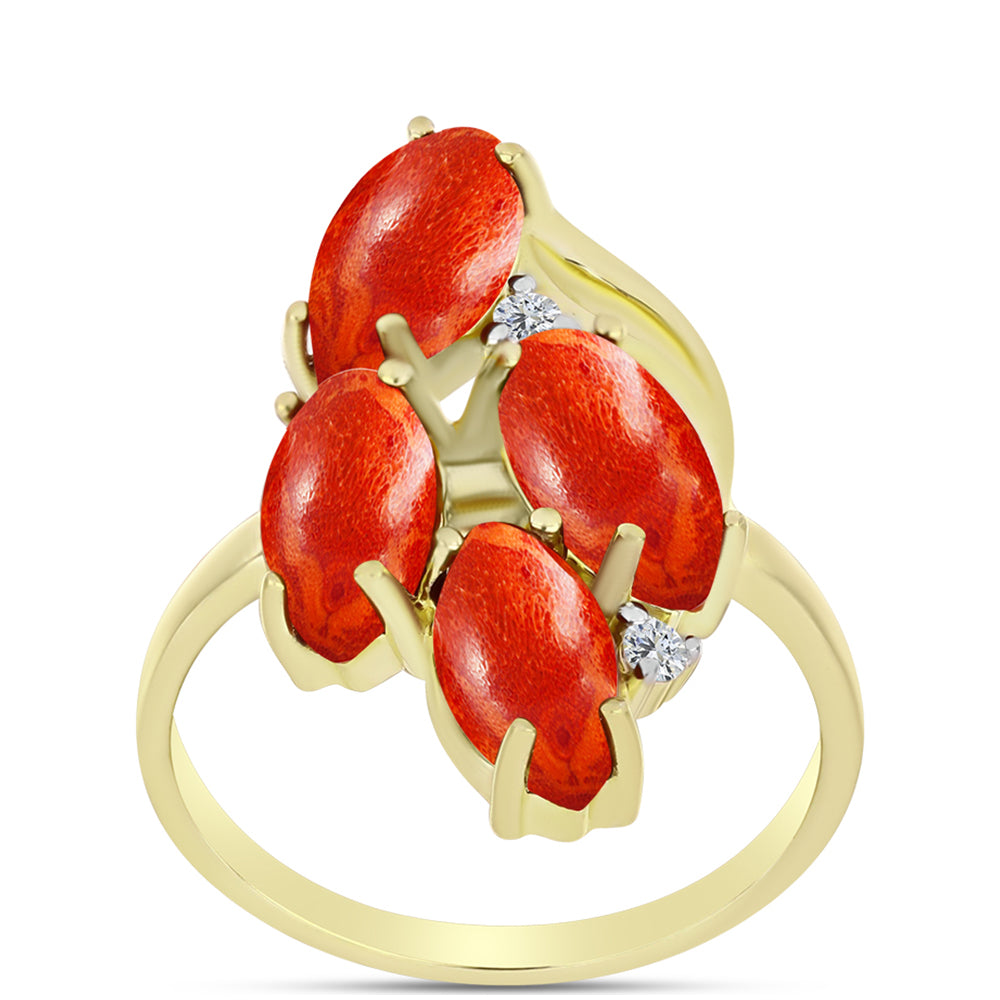 Inel din Argint 925 Placat cu Aur ( 3.54 grame ) cu Coral Roșu Burete și Topaz Alb 3.89 Carate