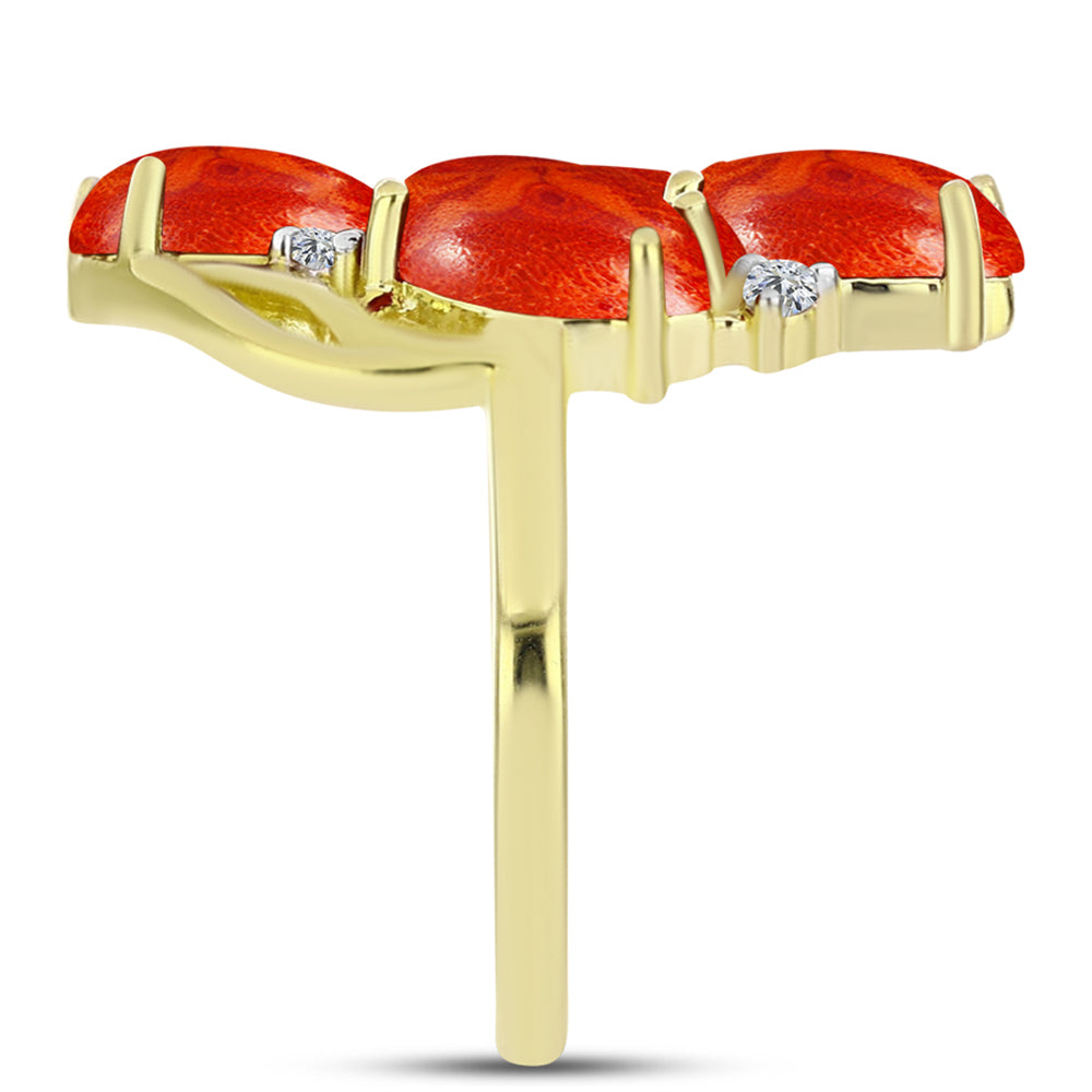 Inel din Argint 925 Placat cu Aur ( 3.54 grame ) cu Coral Roșu Burete și Topaz Alb 3.89 Carate 4 