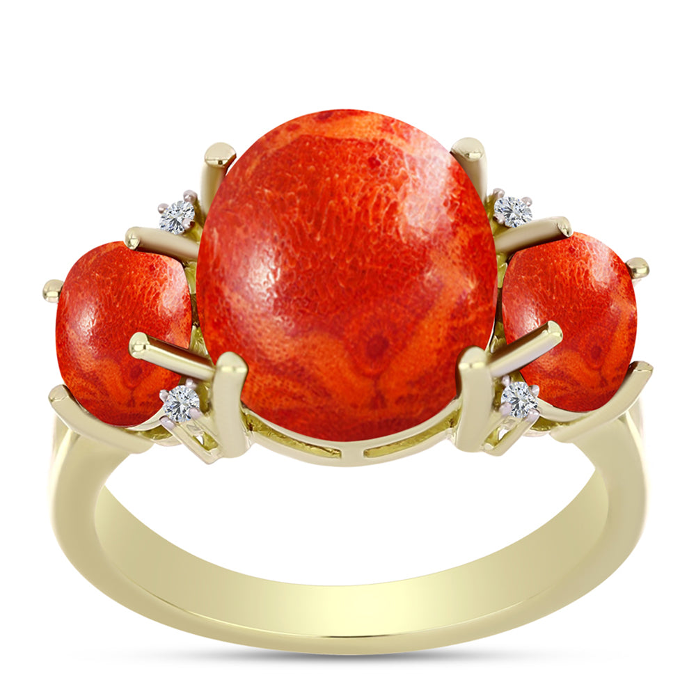 Inel din Argint 925 Placat cu Aur ( 3.13 grame ) cu Coral Roșu Burete și Topaz Alb 4.98 Carate 3 