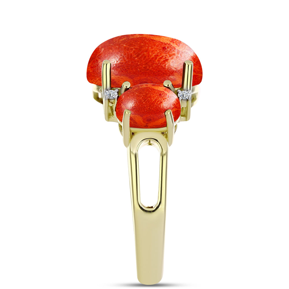 Inel din Argint 925 Placat cu Aur ( 3.13 grame ) cu Coral Roșu Burete și Topaz Alb 4.98 Carate