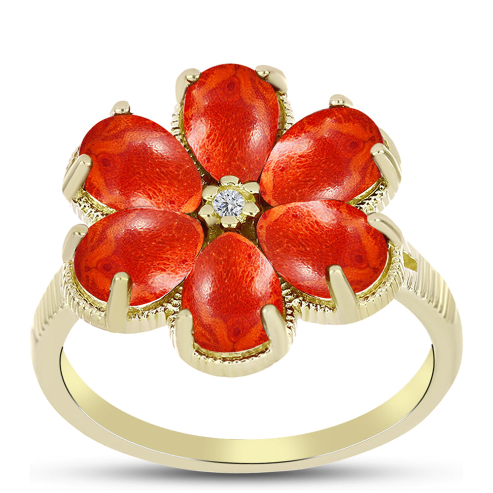 Inel din Argint 925 Placat cu Aur ( 3.85 grame ) cu Coral Roșu Burete și Topaz Alb 3.58 Carate 3 