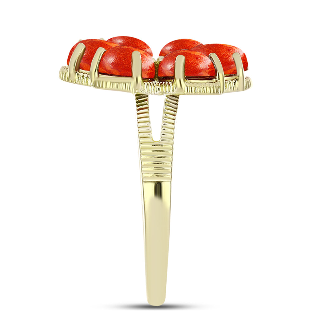 Inel din Argint 925 Placat cu Aur ( 3.85 grame ) cu Coral Roșu Burete și Topaz Alb 3.58 Carate 4 