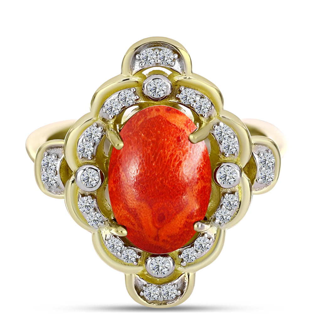 Inel din Argint 925 Placat cu Aur ( 4.56 grame ) cu Coral Roșu Burete și Topaz Alb 3.27 Carate 1 