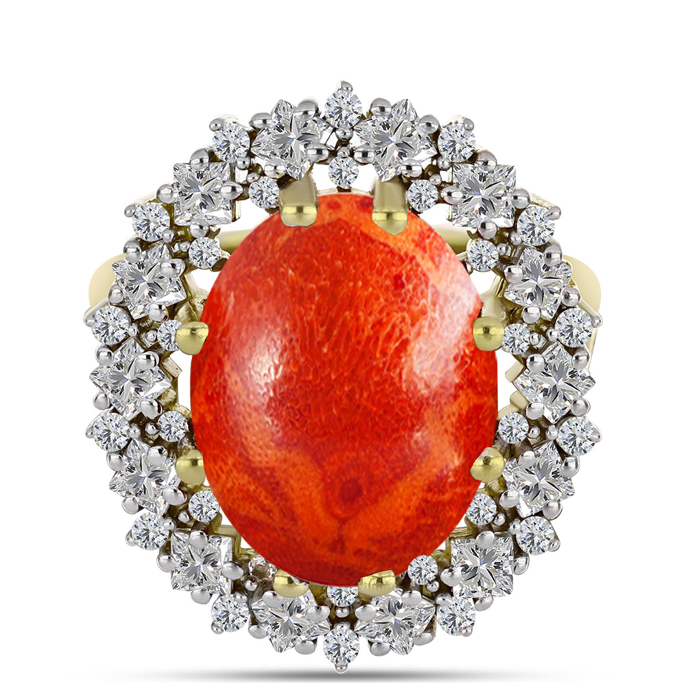 Inel din Argint 925 Placat cu Aur ( 5.92 grame ) cu Coral Roșu Burete și Zircon Alb 9.42 Carate 1 