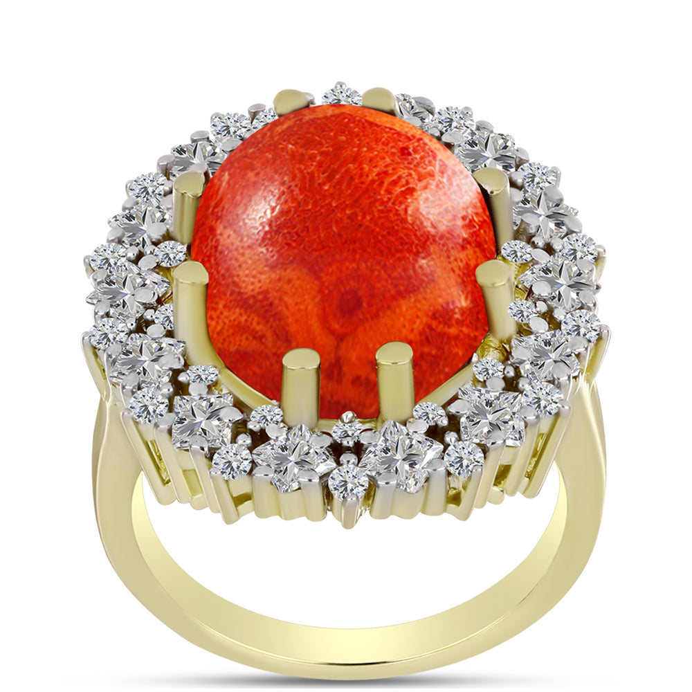 Inel din Argint 925 Placat cu Aur ( 5.92 grame ) cu Coral Roșu Burete și Zircon Alb 9.42 Carate 3 
