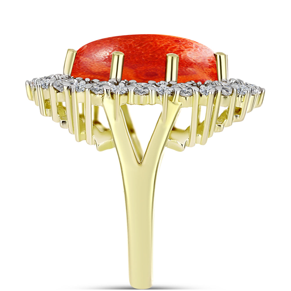 Inel din Argint 925 Placat cu Aur ( 5.92 grame ) cu Coral Roșu Burete și Zircon Alb 9.42 Carate 4 