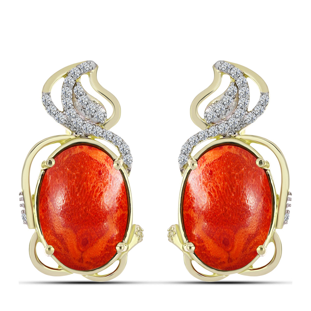 Cercei din Argint 925 Placat cu Aur ( 5.91 grame ) cu Coral Roșu Burete și Topaz Alb 10.55 Carate