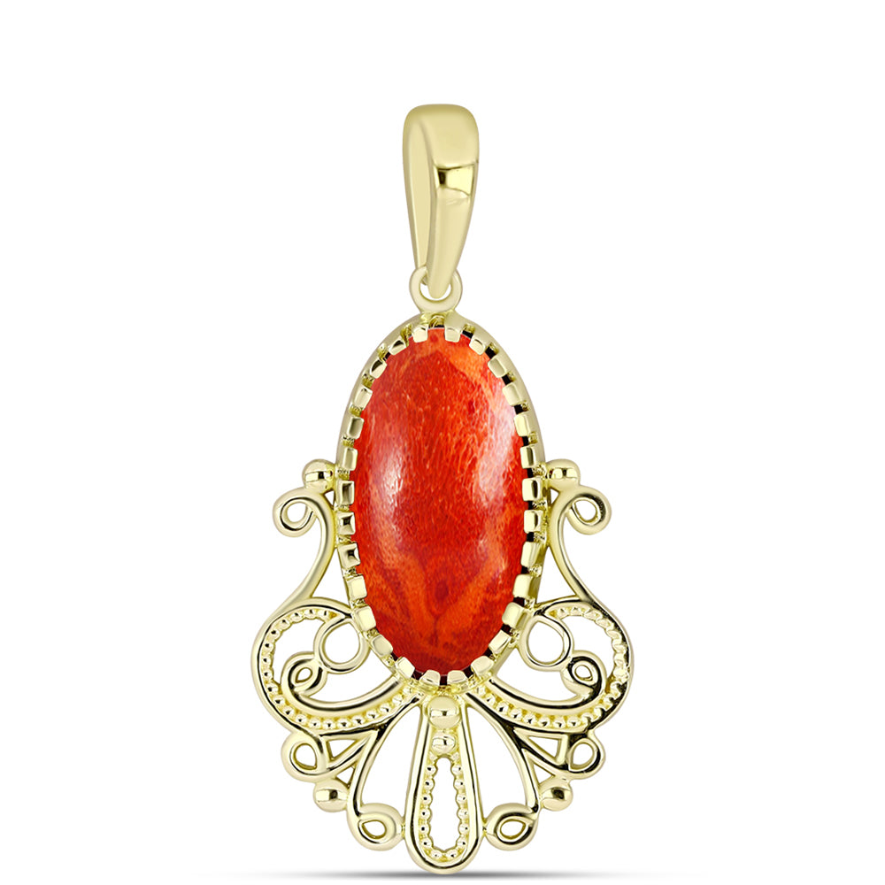 Pandantiv din Argint 925 Placat cu Aur ( 2.75 grame ) cu Coral Roșu Burete 4 Carate