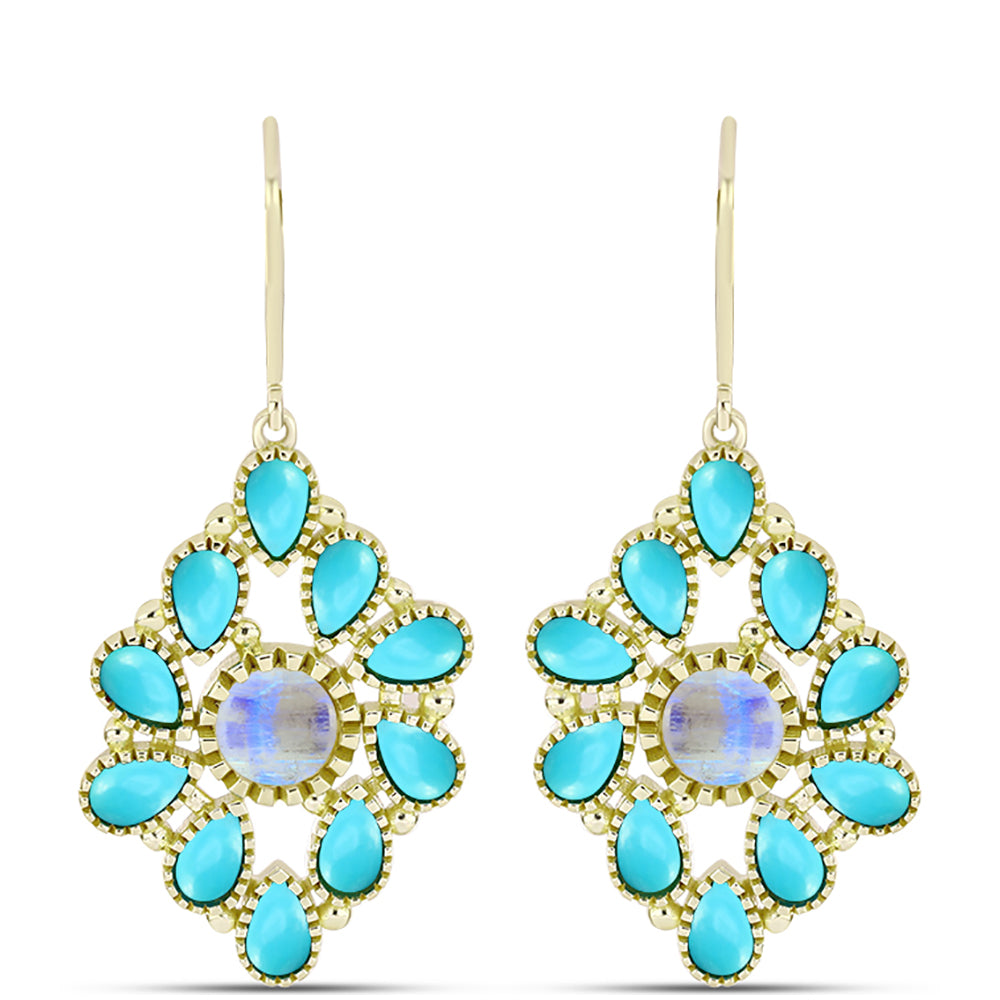 Cercei din Argint 925 Placat cu Aur ( 6.79 grame ) cu Turcoaz ”Frumoasa Adormită” și Piatra Lunii Curcubeu 5.78 Carate 1 