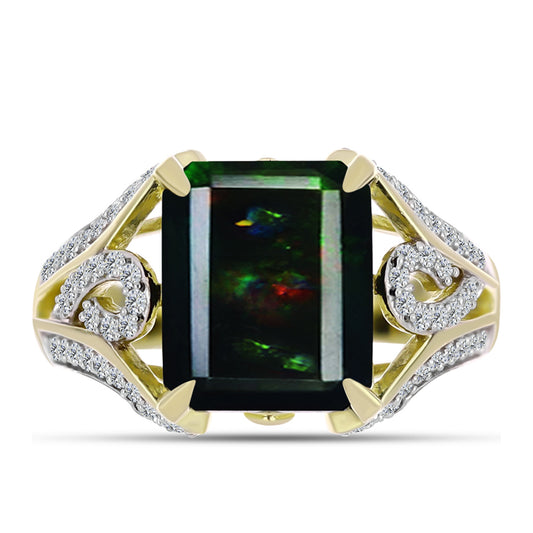 Inel din Argint 925 Placat cu Aur ( 4.91 grame ) cu Opal Etiopian Negru Lega Dembi și Topaz Alb 4.1 Carate