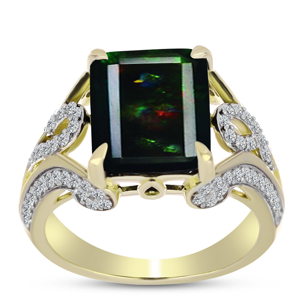 Inel din Argint 925 Placat cu Aur ( 4.91 grame ) cu Opal Etiopian Negru Lega Dembi și Topaz Alb 4.1 Carate