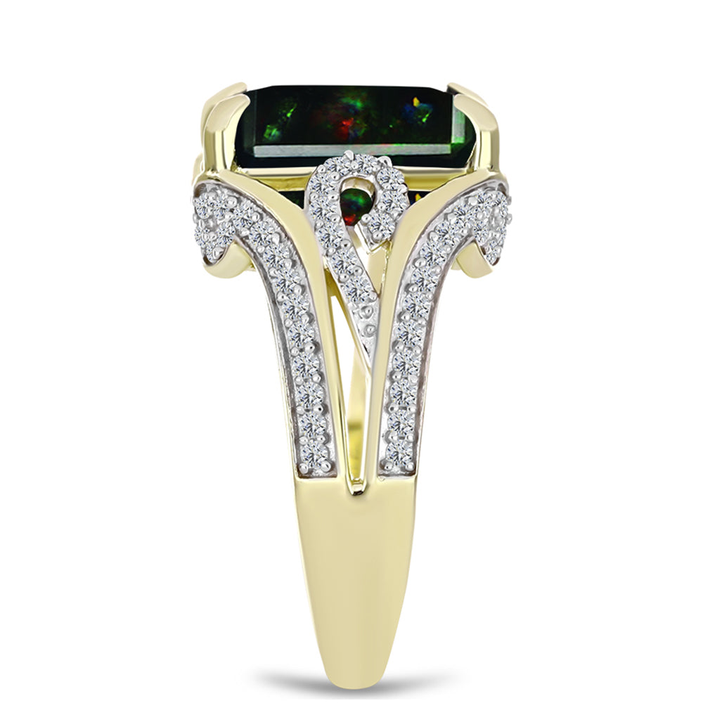 Inel din Argint 925 Placat cu Aur ( 4.91 grame ) cu Opal Etiopian Negru Lega Dembi și Topaz Alb 4.1 Carate 4 