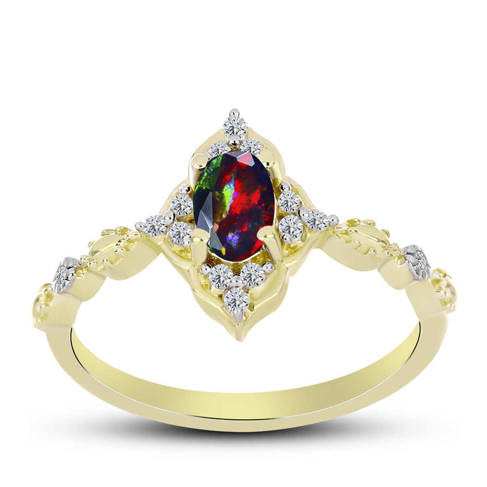 Inel din Argint 925 Placat cu Aur ( 2.48 grame ) cu Opal Etiopian Negru Lega Dembi și Topaz Alb 0.37 Carate 3 