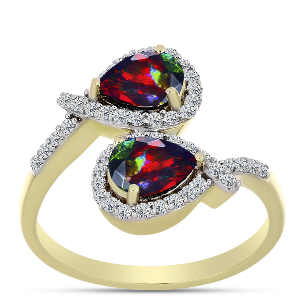 Inel din Argint 925 Placat cu Aur ( 3.66 grame ) cu Opal Etiopian Negru Lega Dembi și Topaz Alb 1.29 Carate 3 