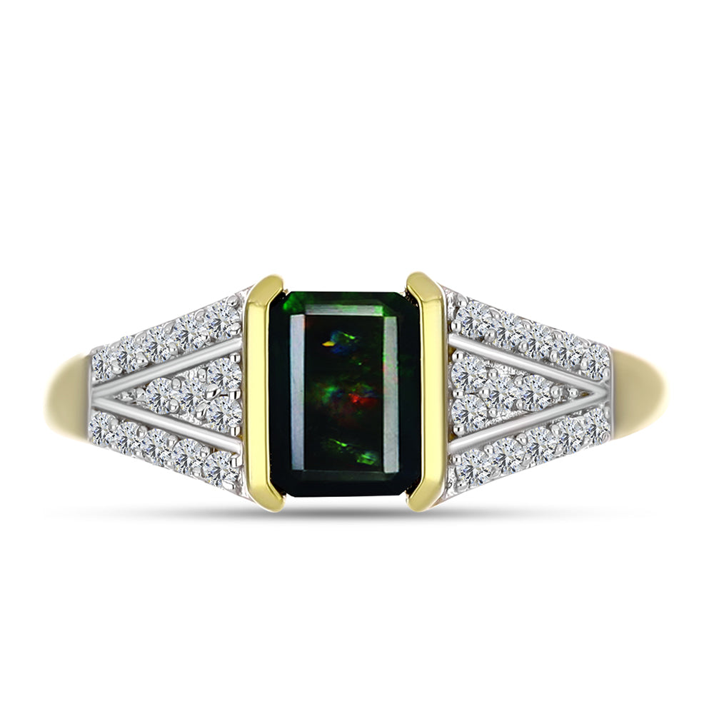 Inel din Argint 925 Placat cu Aur ( 2.91 grame ) cu Opal Etiopian Negru Lega Dembi și Topaz Alb 0.83 Carate