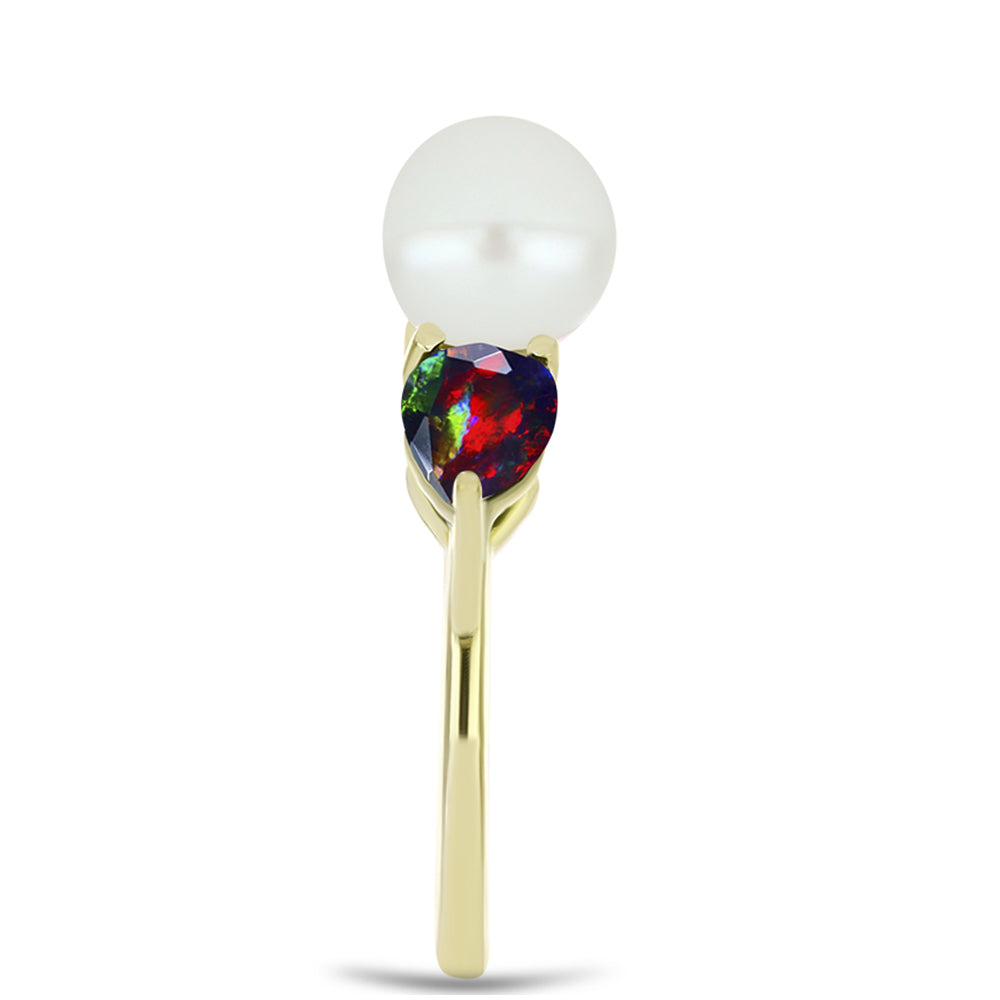 Set din Argint 925 Placat cu Aur ( 3.69 grame ) cu Opal Etiopian Negru Lega Dembi și Perlă de Apă Dulce Albă 18.37 Carate ( Cercei+Inel+Pandantiv )