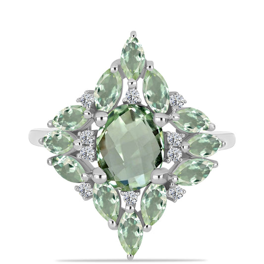Inel din Argint 925 ( 3.29 grame ) cu Ametist Verde și Topaz Alb 3.52 Carate