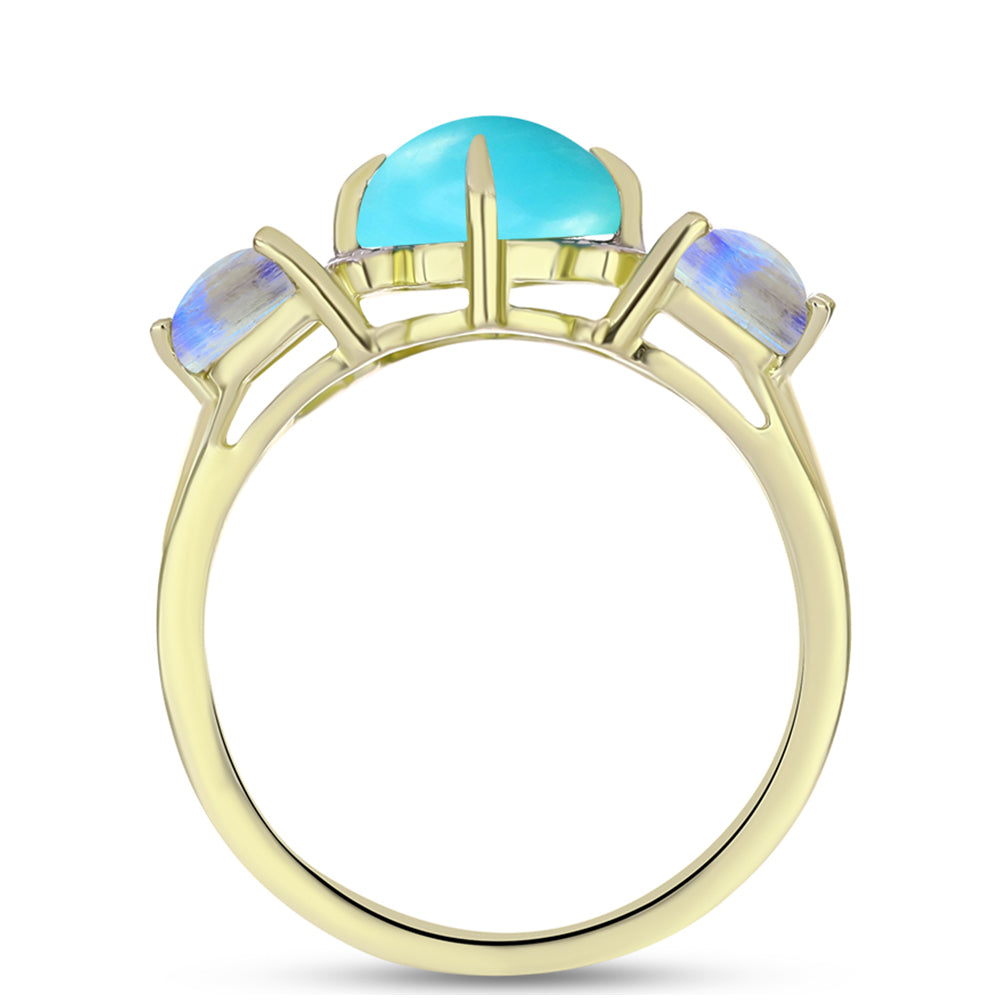 Inel din Argint 925 Placat cu Aur ( 2.75 grame ) cu Turcoaz ”Frumoasa Adormită” și Piatra Lunii Curcubeu 2.76 Carate 2 