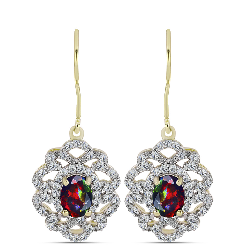 Cercei din Argint 925 Placat cu Aur ( 3.76 grame ) cu Opal Etiopian Negru Lega Dembi și Topaz Alb 1.64 Carate