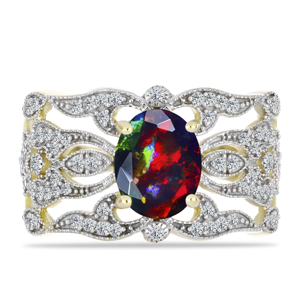 Inel din Argint 925 Placat cu Aur ( 4.55 grame ) cu Opal Etiopian Negru Lega Dembi și Topaz Alb 1.68 Carate