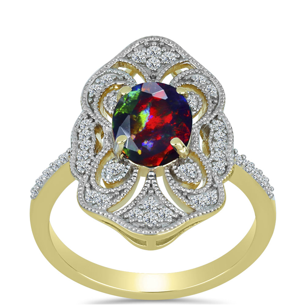 Inel din Argint 925 Placat cu Aur ( 3.98 grame ) cu Opal Etiopian Negru Lega Dembi și Topaz Alb 1.48 Carate